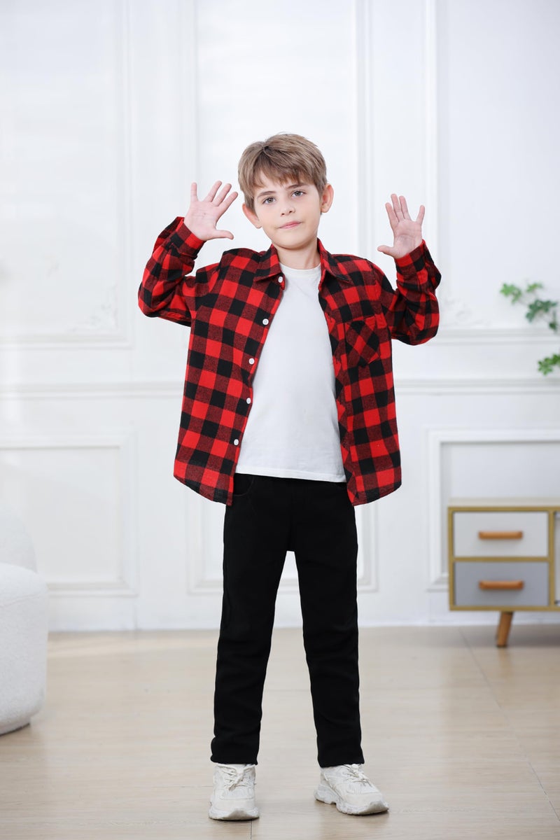 Betusline Kids Toddlers Little & Big Boys Girls Plaid Button Down Long Sleeve Flannel Shirt Tops, Flannel# Red + Black, 3-4 Years = Tag 110 - Image 2